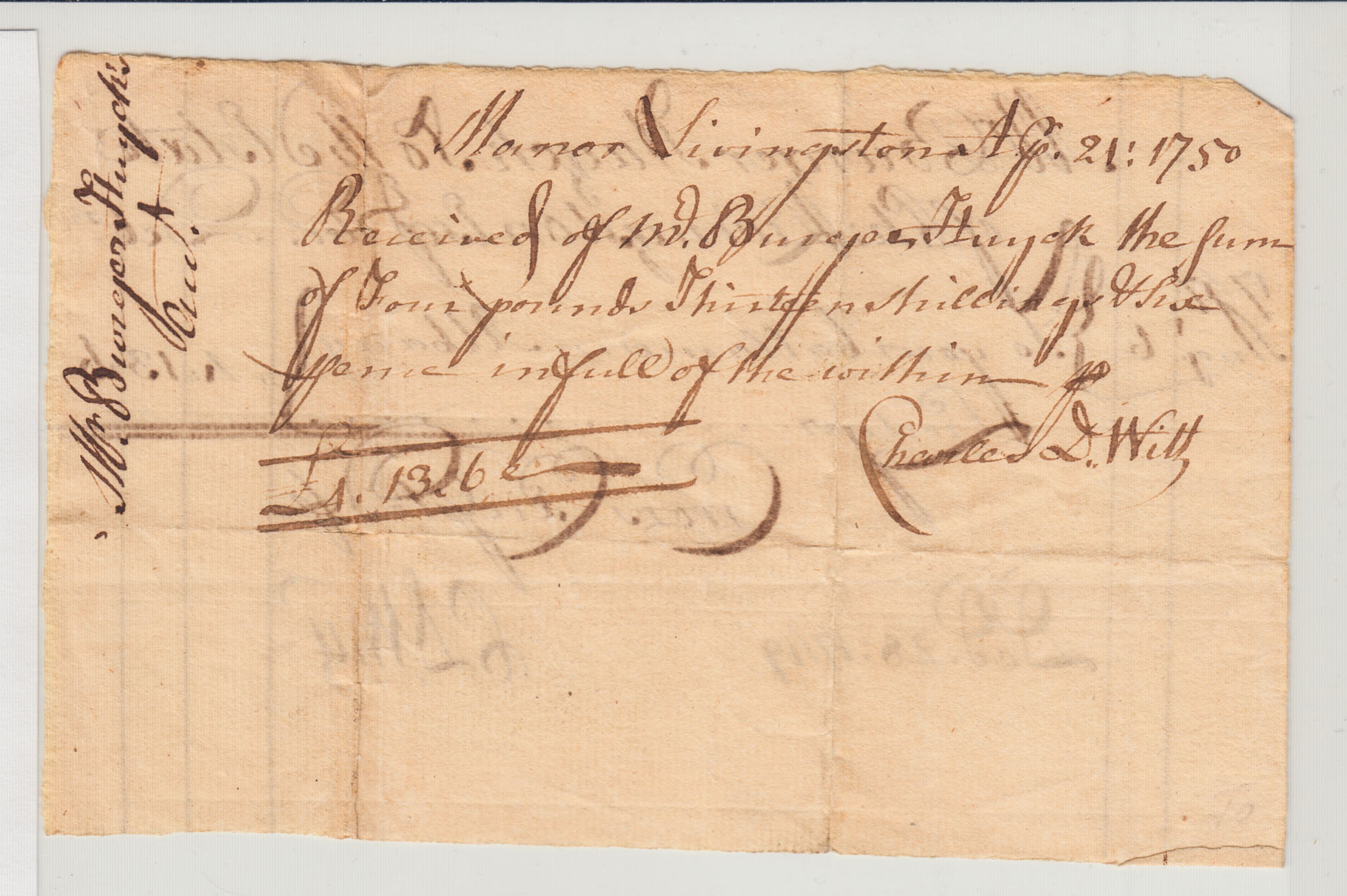 BH005 1750-08-21 Ledger & Receipt, Estate of Ph. Livingston Esq to Burger Huyck - reverse